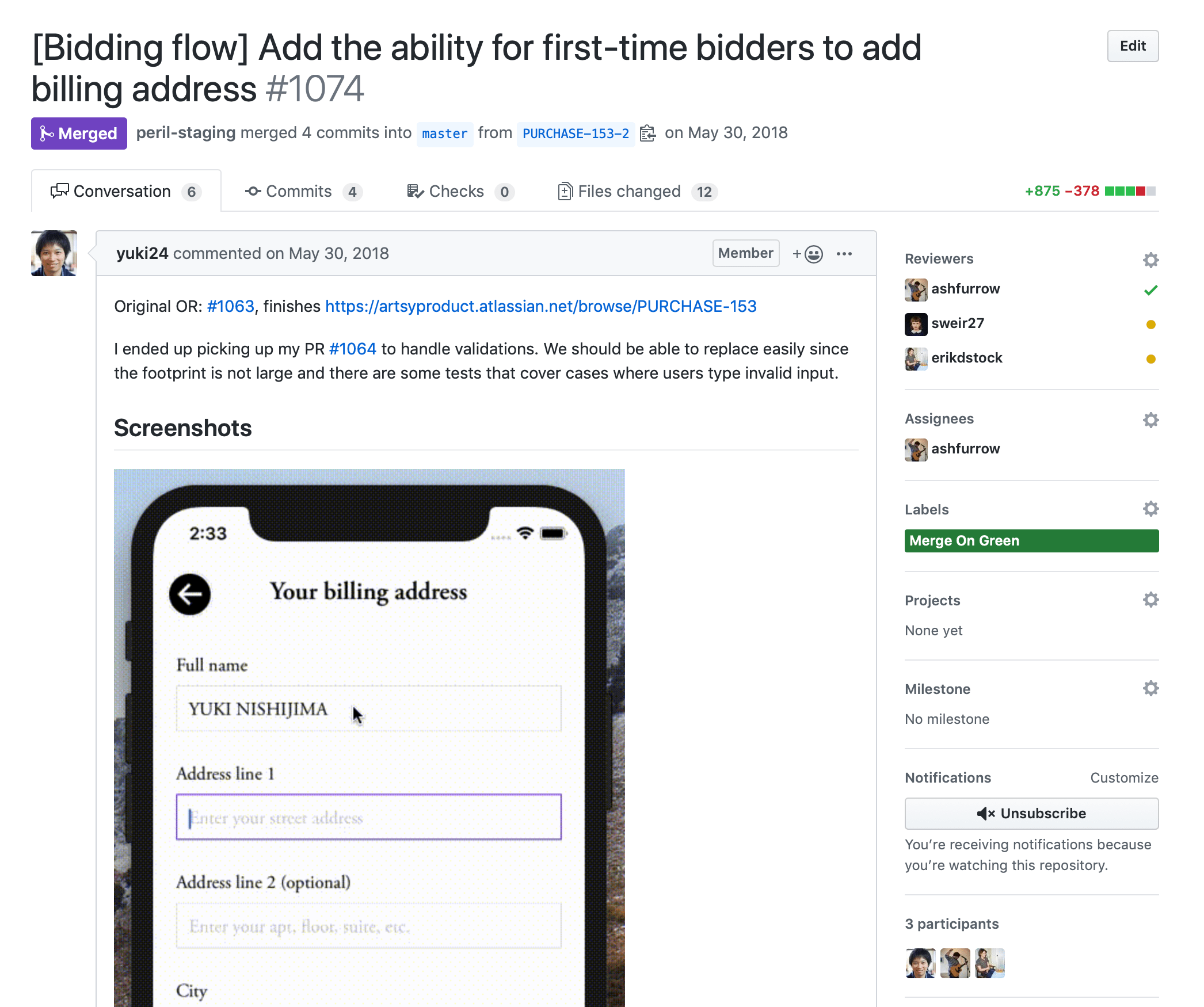 Screenshot of a GitHub pull request adding a feature to the Bid Flow