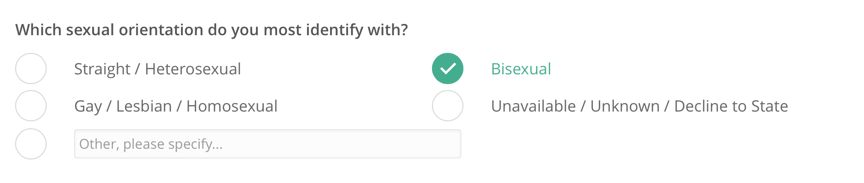 Screenshot of a survey question inquiring my sexuality, with Bisexual as the selected answer