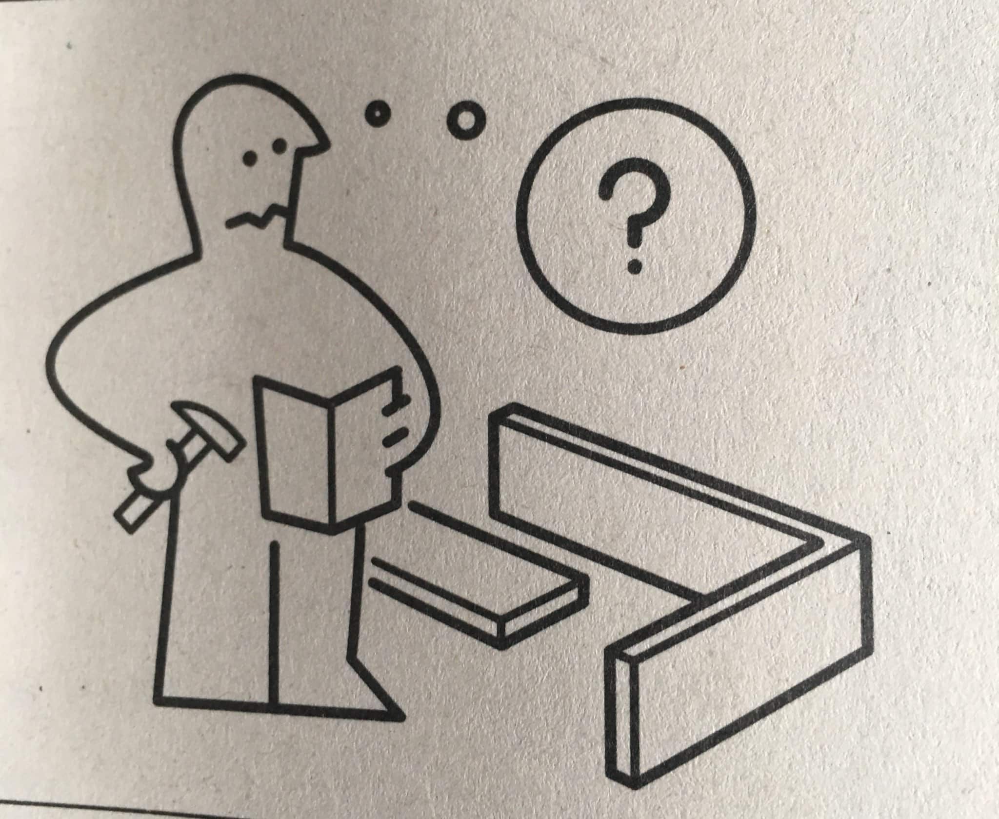 Photo of an IKEA instruction manual, where the little person looks confused