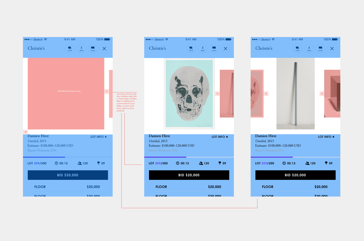 Sceenshot of some app designs for an auctions interface