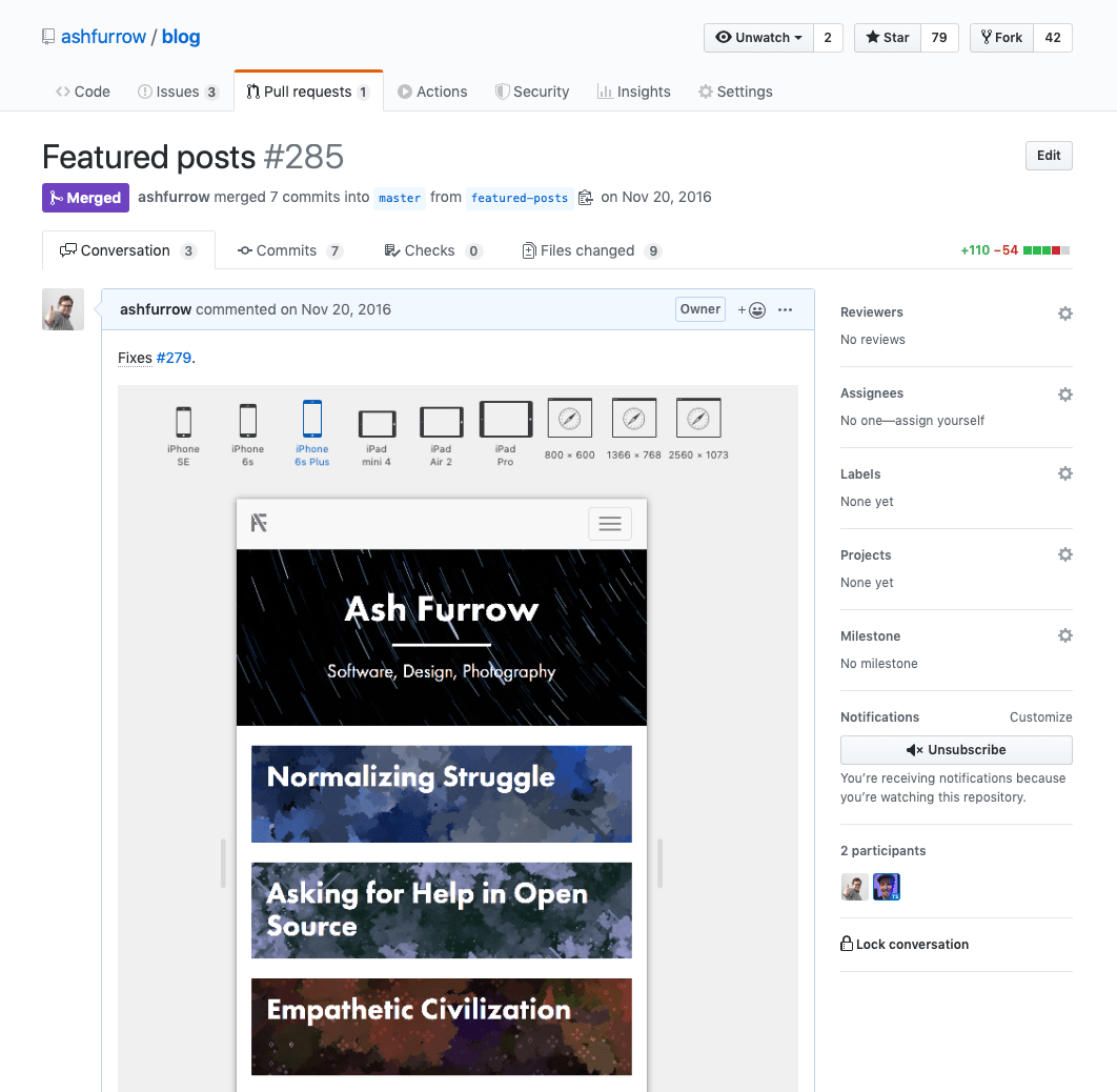 Screenshot of a GitHub pull request that is adding featured posts to this website