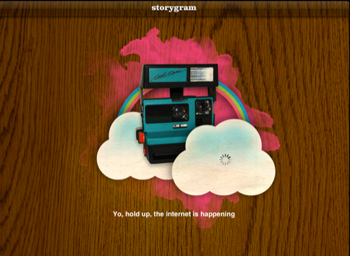 Screenshot of an iPad app with rainbows and a Polaroid camera and spray paint.