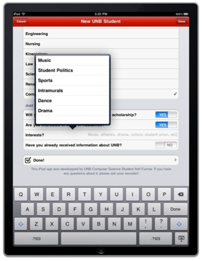 Screenshot of an iPad app for collecting contact information.