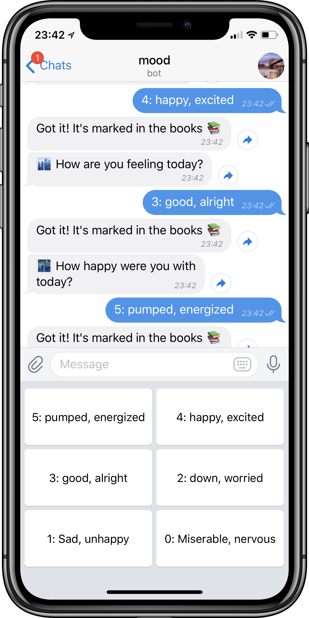 A screenshot of the app I'm using to track my mood