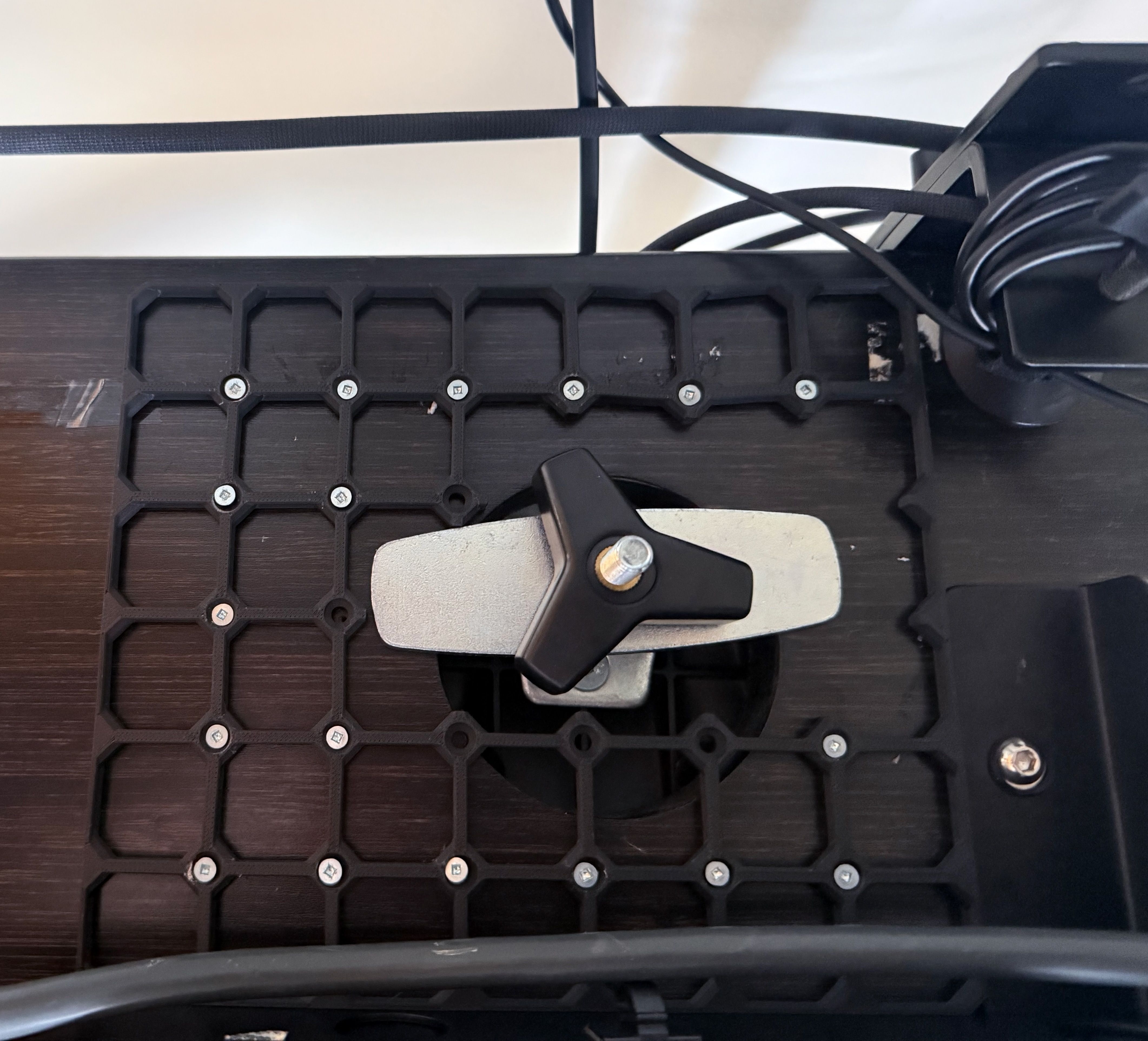 The openGrid grid from above, showing the missing sections were to accommodate my monitor stand mount.