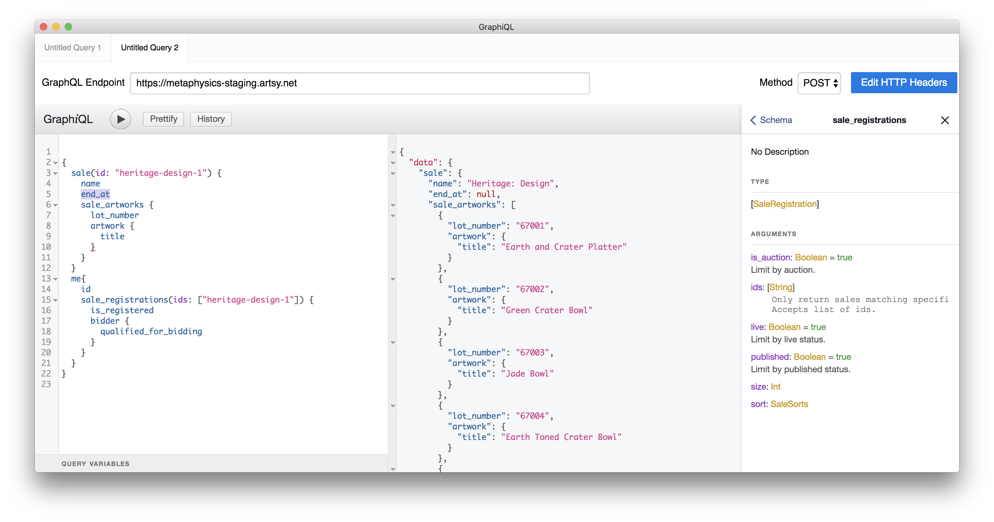 A screenshot of an Artsy GraphQL request