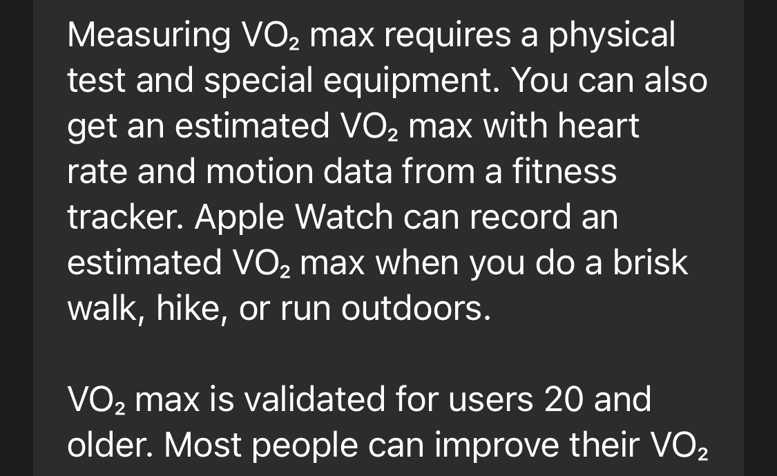 Screenshot of VO2 Max from Apple's Health app, which describes the measurement and then reads "VO2 max is validated for users 20 and older."
