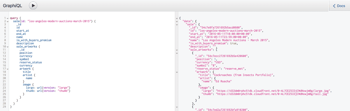 An example GraphQL query and response.