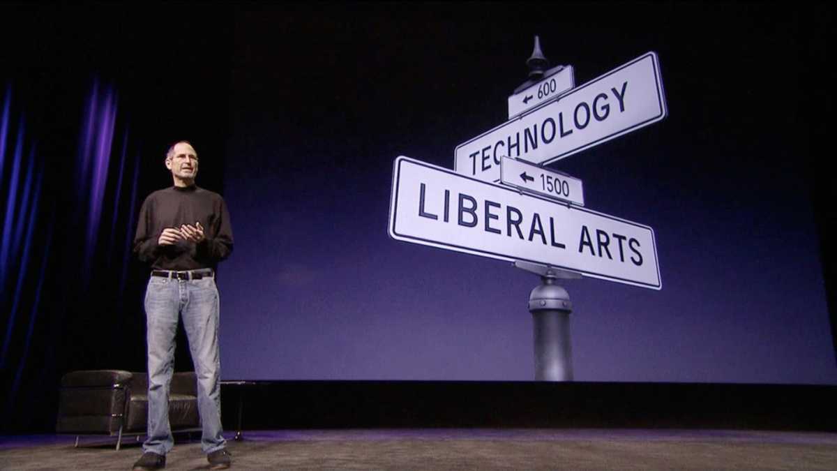 A photo of Steve Jobs giving a keynote
